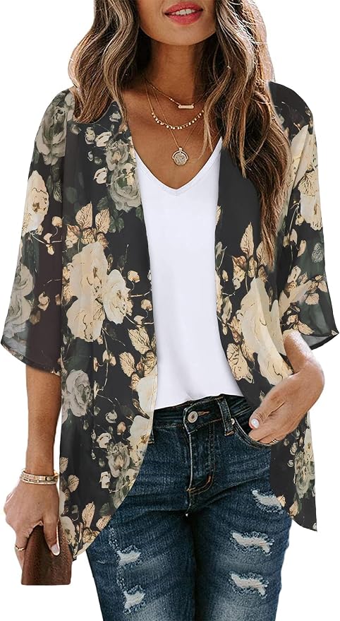 Women's Floral Print Puff Sleeve Kimono Cardigan Loose Cover Up Casual Blouse by CHICGAL