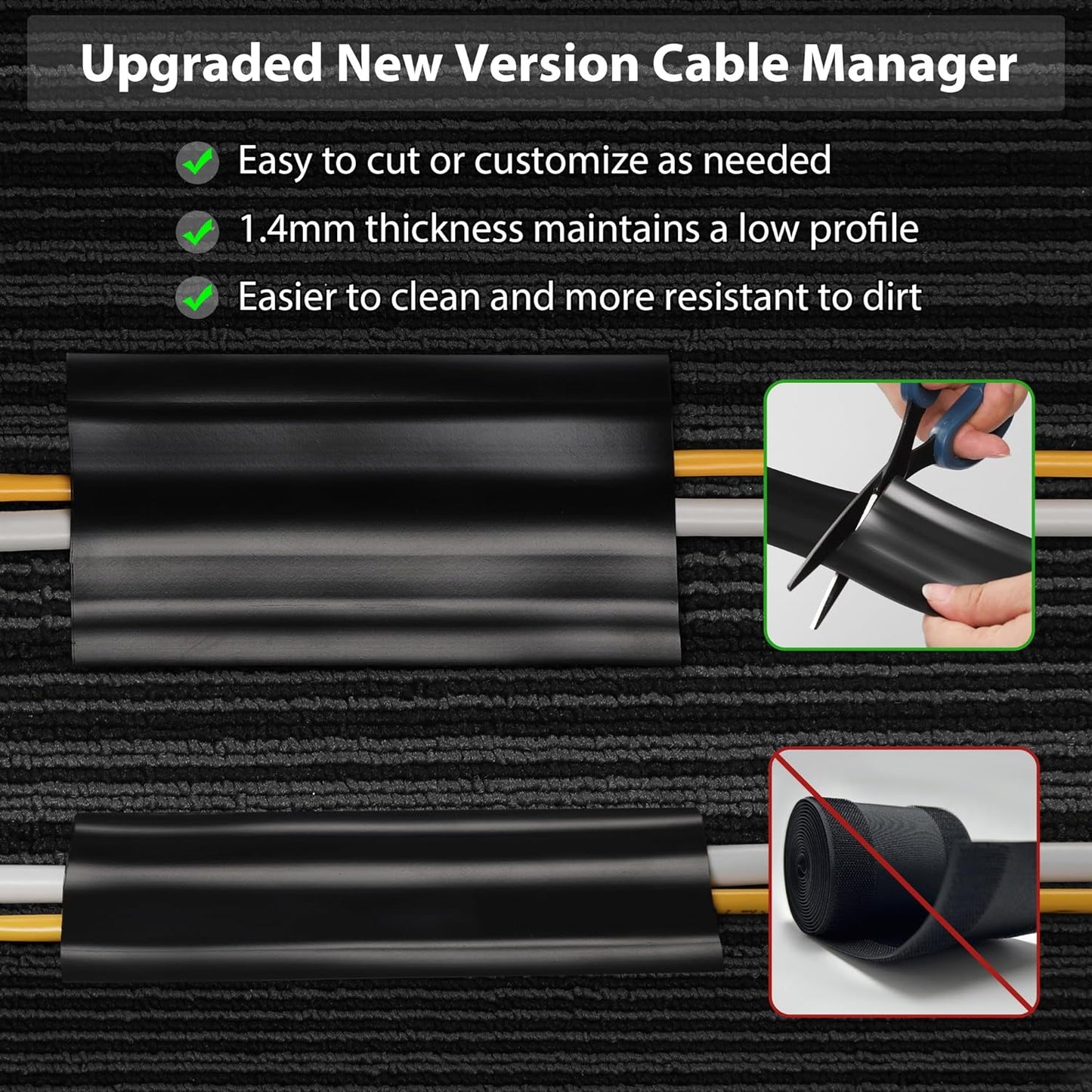 8.2Ft Cord Cover Floor, PVC Cord Covers for Wires on Floor, Soft Floor Cable Cover Cord Hider, Floor Cable Management Cable Protector for Commercial Office Carpet/Floors/Wall Black