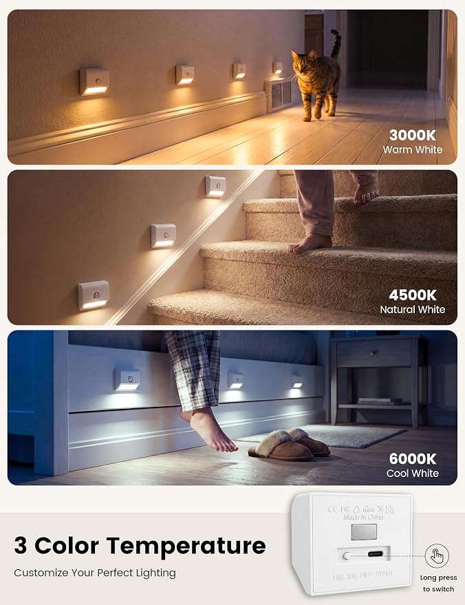 VOLISUN Rechargeable Motion Sensor Night Light, 3 Colors Temperature Stair - Image 2