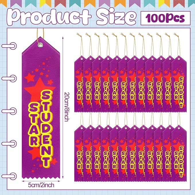 Wavwavw 100 Pcs Star Student Award Ribbons Bulk 8" x 2" Prizes Ribbons - Image 2