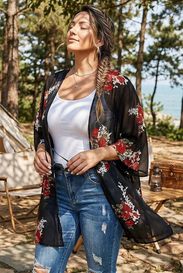 Women's Floral Print Puff Sleeve Kimono Cardigan Loose Cover Up Casual Blouse - Image 4
