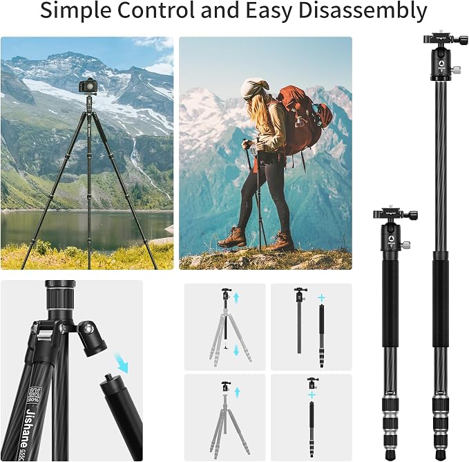 Carbon Fiber Camera Tripod, 1/4" Arca QR Plate, Compact Lightweight Travel - Image 6
