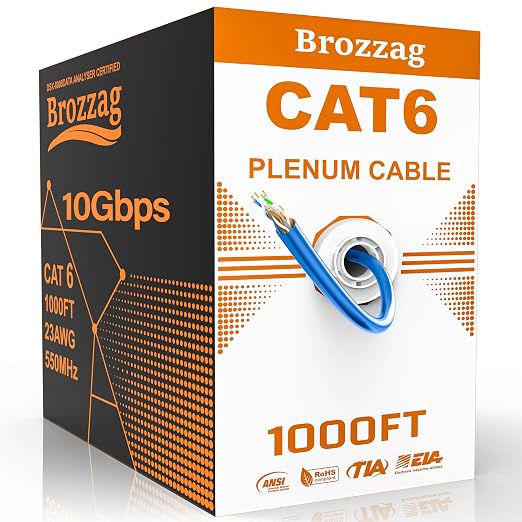 CAT5E/Cat6 Plenum Cable 1000ft, 23AWG CCA UTP 550MHz 10Gbps, DSX-8000 Certified by Brozzag