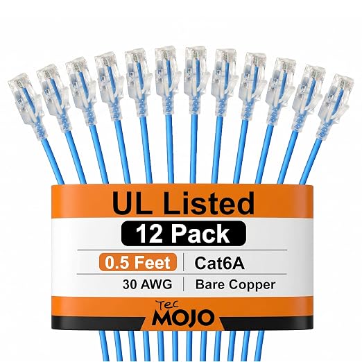 Tecmojo UL Listed Ultra-Slim Cat6a 0.5ft Ethernet Patch Cable, 30AWG 100% Pure by Tecmojo