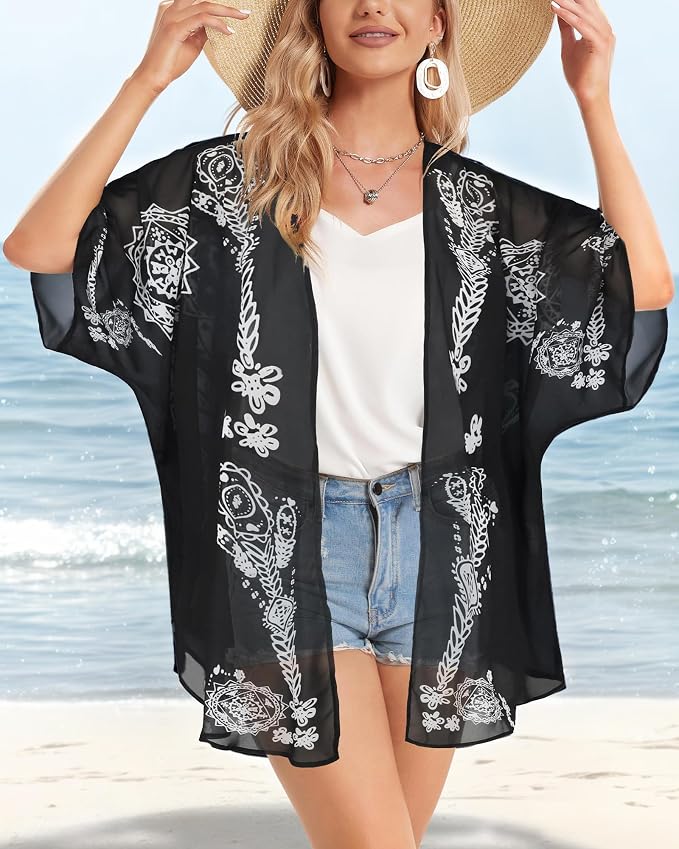 Women's Floral Print Puff Sleeve Kimono Cardigan Loose Cover Up Casual Blouse - Image 4