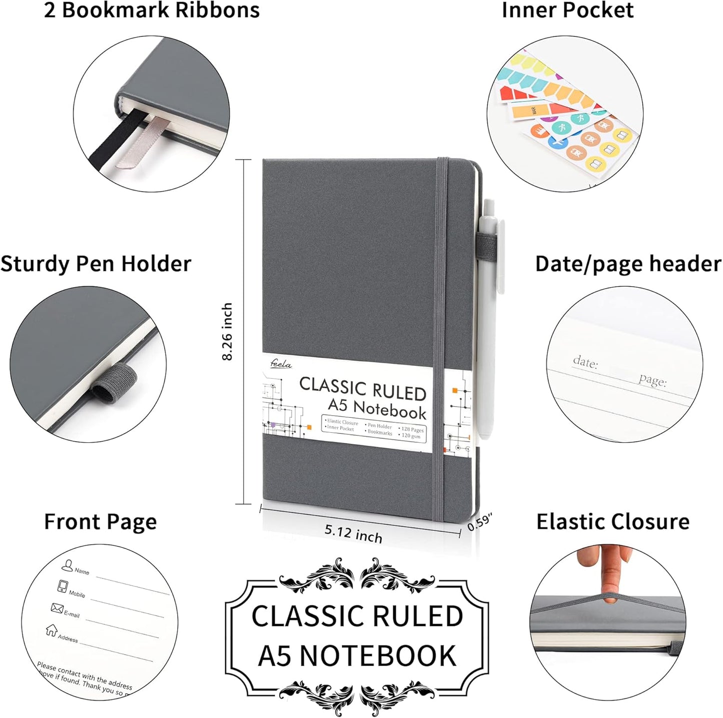 feela 18 Pack Journal Notebook for Work, Business Notebook Bulk Hardcover Lined Writing Journal with Pen Holder for Men Women Note Taking, with 18 Black Pens, 120 GSM, 5.1”x8.3”, A5, Gray