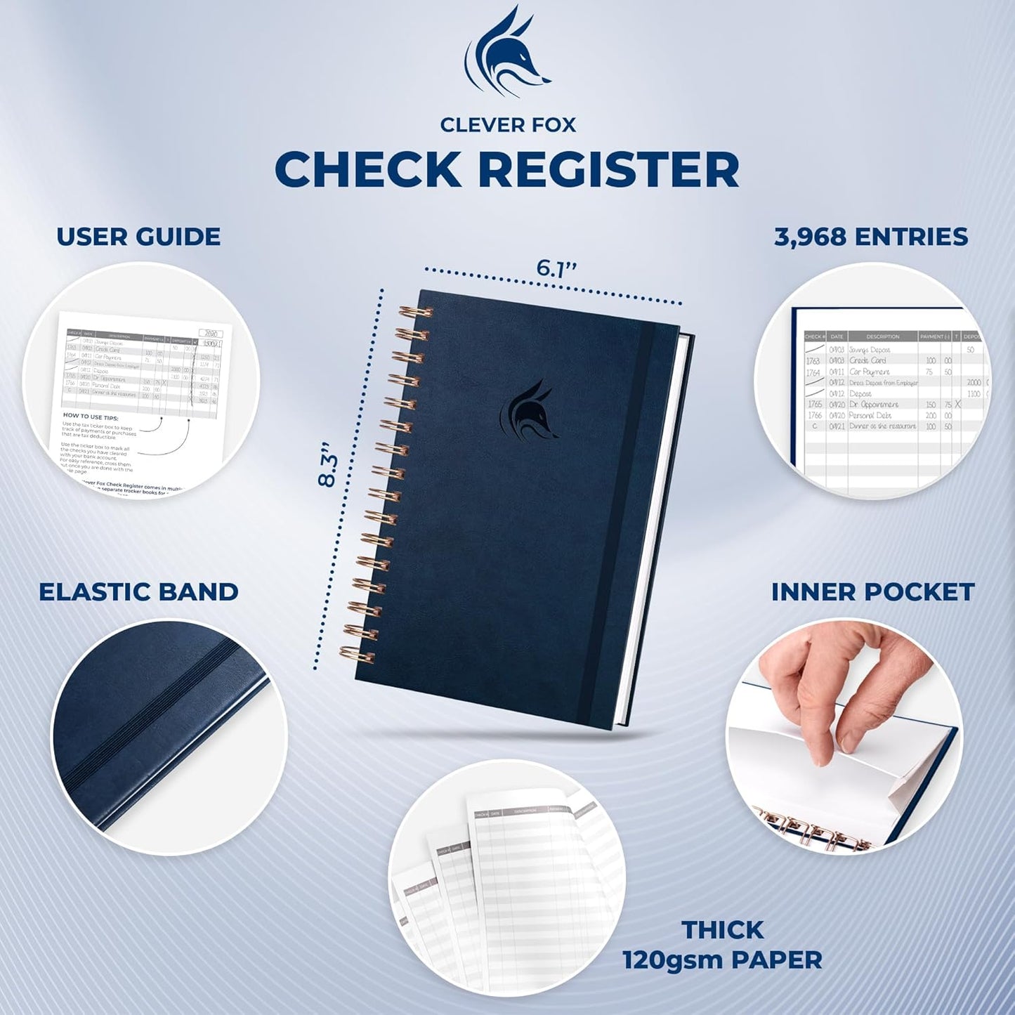Clever Fox Check Register for Personal Checkbook – Checking Book Register – Checkbook Register – Accounting Ledger Book – 3968 Entry Lines, 6.1" x 8.3", Spiral Binding, Hardcover, Dark Blue