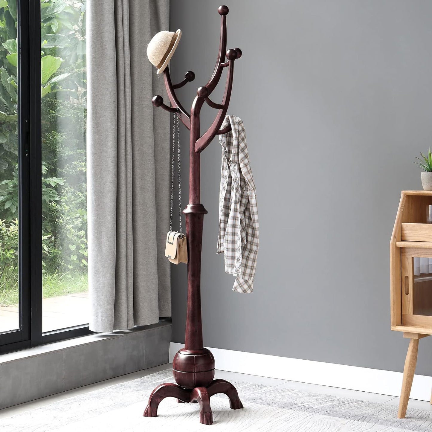 Coat Rack Freestanding Wood Tree Rack with 8 Hooks, Creative Design Tree Branch-look, Coat Tree Clothes Hanger Stand with Stable Sphere Base for Entryway, Hallway, Bedroom (Wine Red)