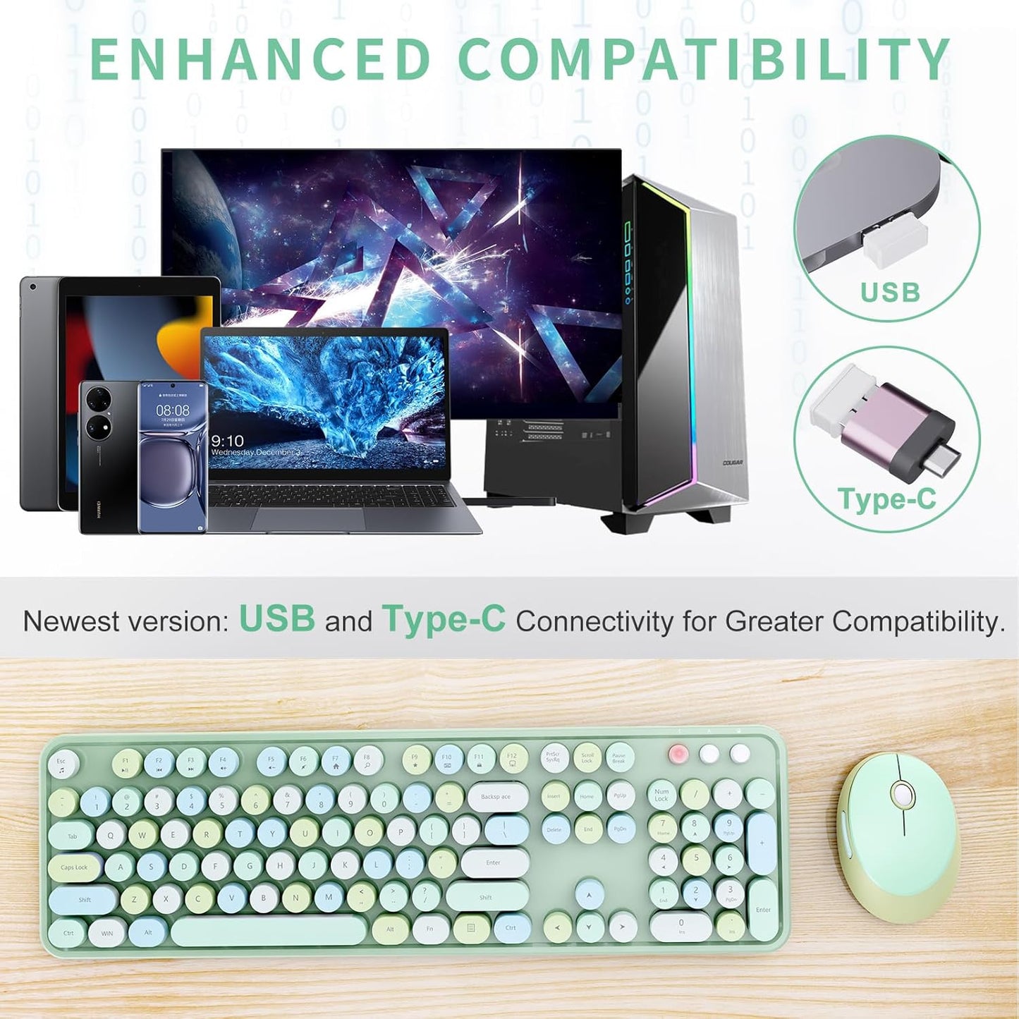Wireless Keyboard and Mouse Combo, Ergonomic Full Size Typewriter Retro Round Keycaps Keyboard, Compatible with Windows, PC, Perfer for Home and Office Keyboards (Green