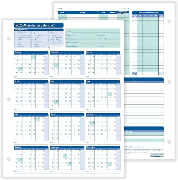 ComplyRight 2026 Attendance Calendar Card by ComplyRight