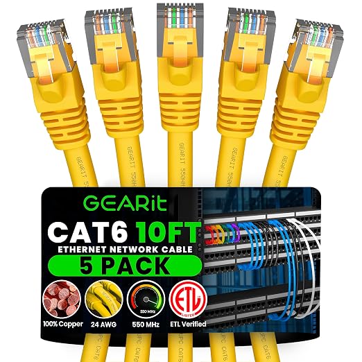 GEARit Cat 6 Ethernet Patch Cable 10 ft Yellow Cat6 Patch Cables 10ft by GEARit