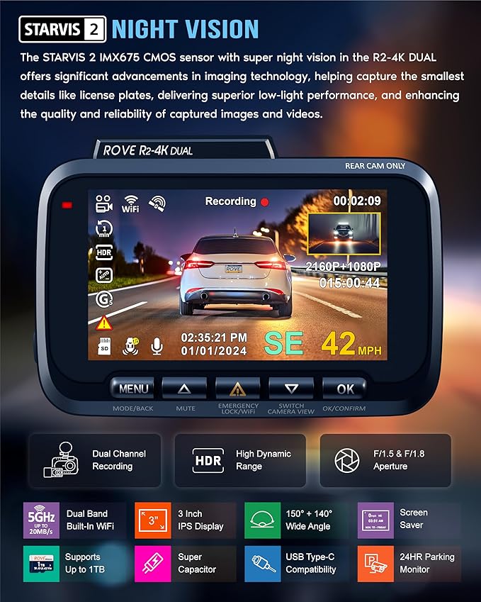 ROVE R2-4K DUAL Dash Cam Front and Rear, STARVIS 2 Sensor, FREE 128GB Card - Image 4