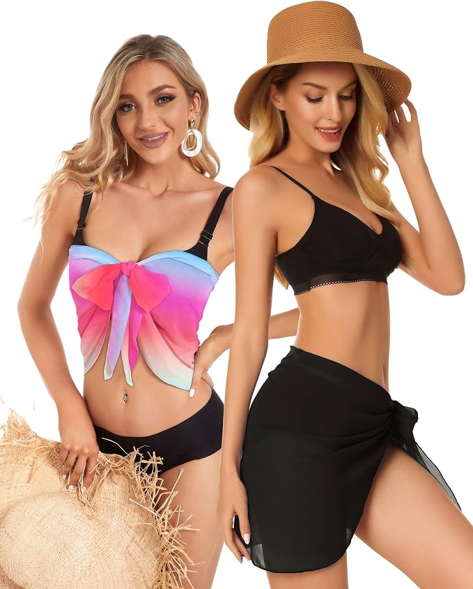CHICGAL 2 Pieces Women Beach Sarong Bathing Suit Wrap Skirt Sheer Bikini - Image 4