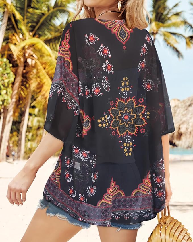 Women's Floral Print Puff Sleeve Kimono Cardigan Loose Cover Up Casual Blouse - Image 6