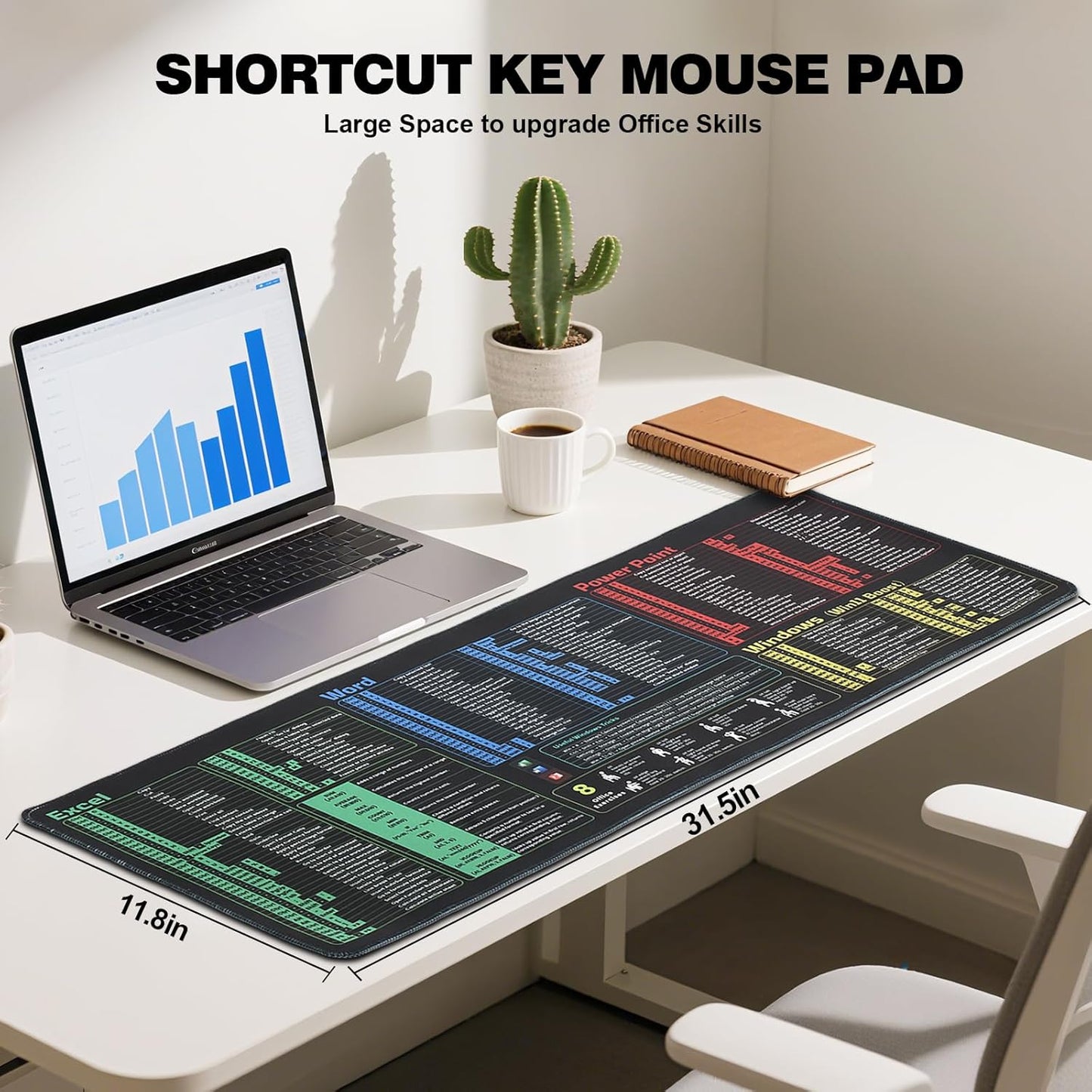 Linoows Office Shortcut Mouse Pad, Extra Large 31.5 x 11.8 Inch Gaming Mouse Mat, PC 200+ Hotkeys Keyboard Mousepad for Excel/Word/PPT/Windows, Waterproof Non-Slip Desk Pad with Stitched Edge