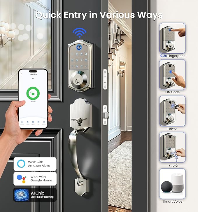 Veise VE017G-H Wi-Fi Smart Fingerprint Front Door Lock Set, Remote App Control - Image 2