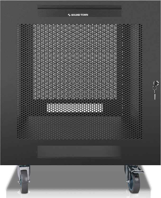 Sound Town 12U Universal Steel Rack, w/Mesh Doors, Locking Casters, Vented Side - Image 2