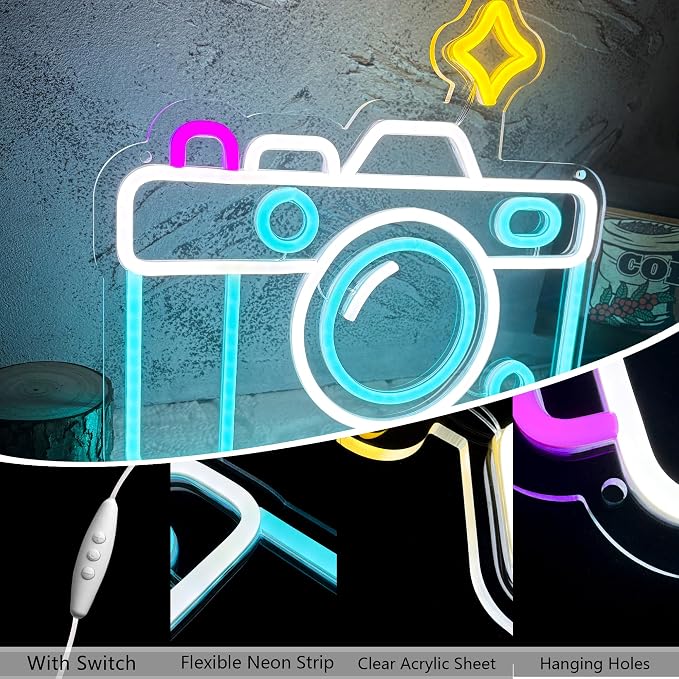Camera Neon Sign Dimmable LED Light Up Wall Decor Multi-Color Retro Photography - Image 2