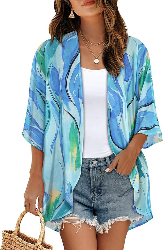 Women's Floral Print Puff Sleeve Kimono Cardigan Loose Cover Up Casual Blouse by CHICGAL