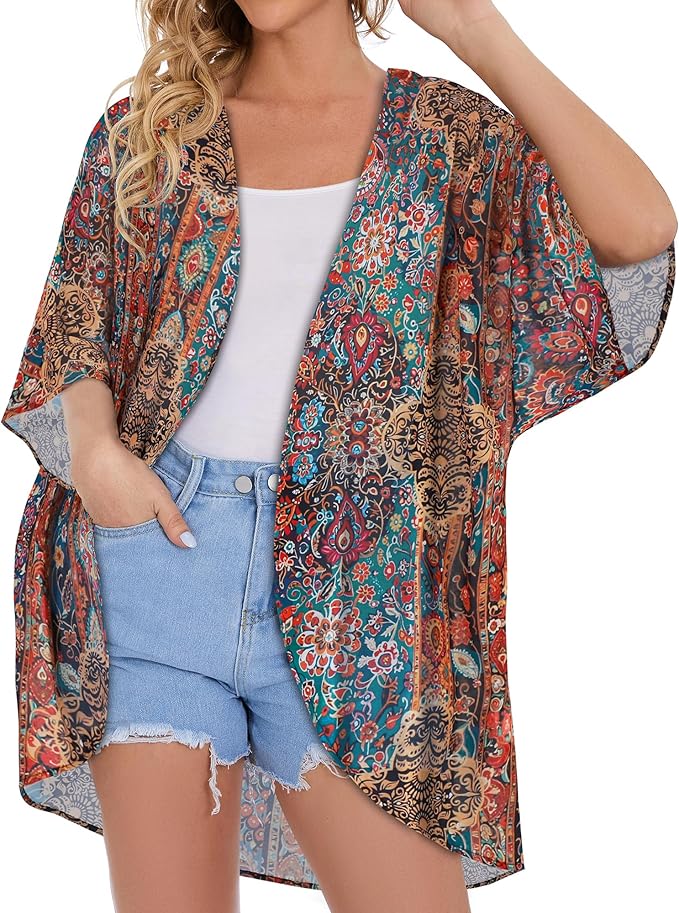 Women's Floral Print Puff Sleeve Kimono Cardigan Loose Cover Up Casual Blouse - Image 2