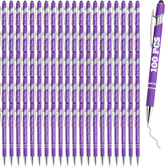 Personalized Pens Bulk 100 with Name Custom Engraving Ballpoint Pens with Stylus Tip Customized Smooth Writing Pens Personalized Gifts for Anniversary Birthday or Graduation(Purlpe,Black Ink)
