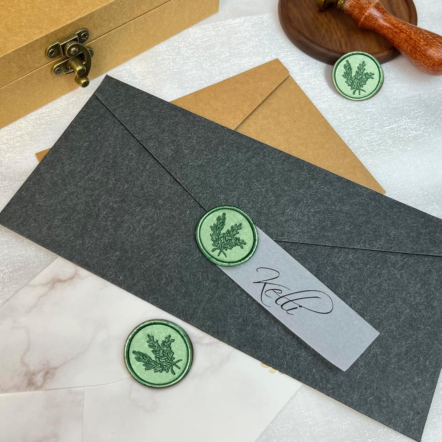 100Pcs Wax Seal Stickers Handmade Envelope Seals Self Adhesive Wax Stickers for Wedding Party Invitations, Envelope, Gift Wrap, Christmas(Rosemary Style, Green)