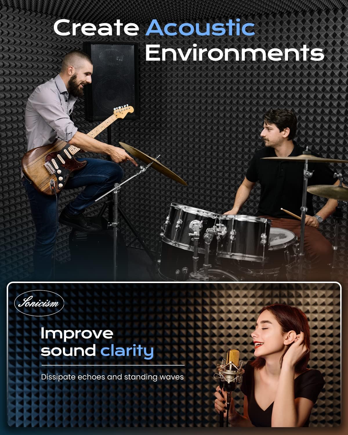 Sonicism 12 Pack Pyramid Sound Proof Foam Panels with Self-Adhesive, 12" X 12" X 1" Acoustic Foam Panels of High Density, Soundproof Wall Panels Fast Expand, Sound Absorption and Decoration (Black)