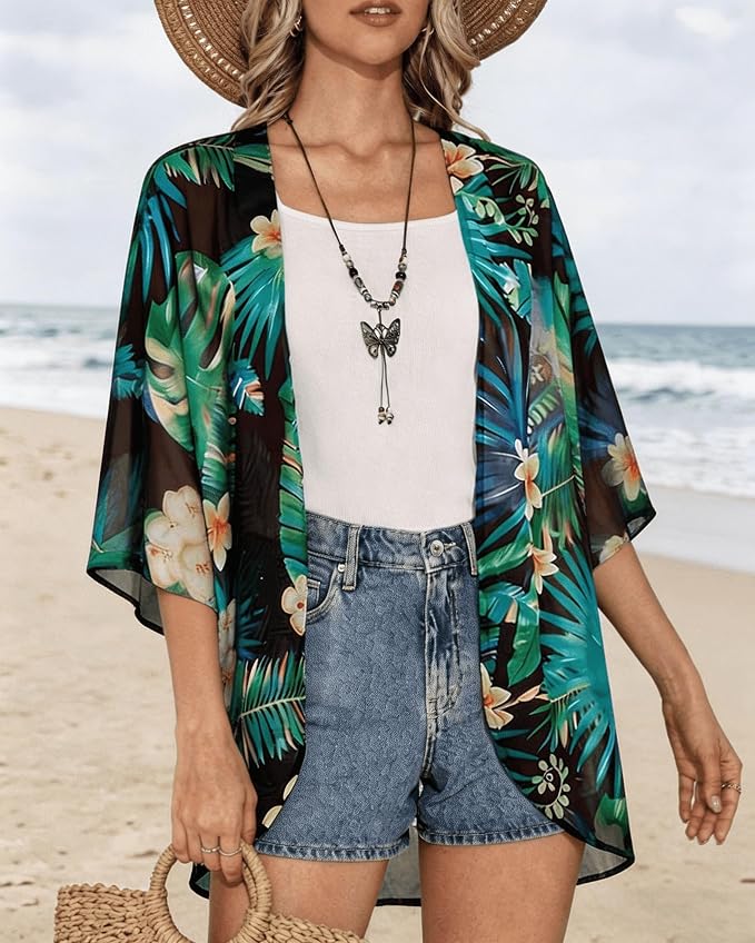 Women's Floral Print Puff Sleeve Kimono Cardigan Loose Cover Up Casual Blouse - Image 6
