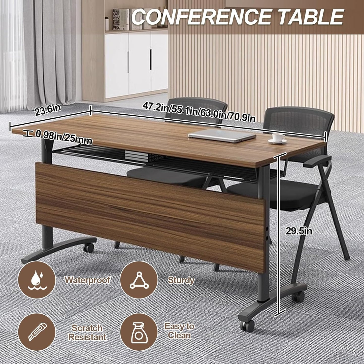 Folding Conference Room Table, Modern Conference Tables with Wheels, Large Rectangular Mobile Training Tables for Office Classroom, Foldable Modular Boardroom Seminar Table Walnut (2pack L55.1in)