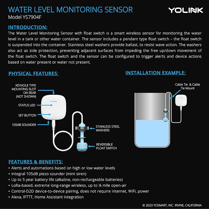 YoLink LoRa Water Level Monitoring Sensor Starter Kit: 1 YoLink Hub & Wireless - Image 2