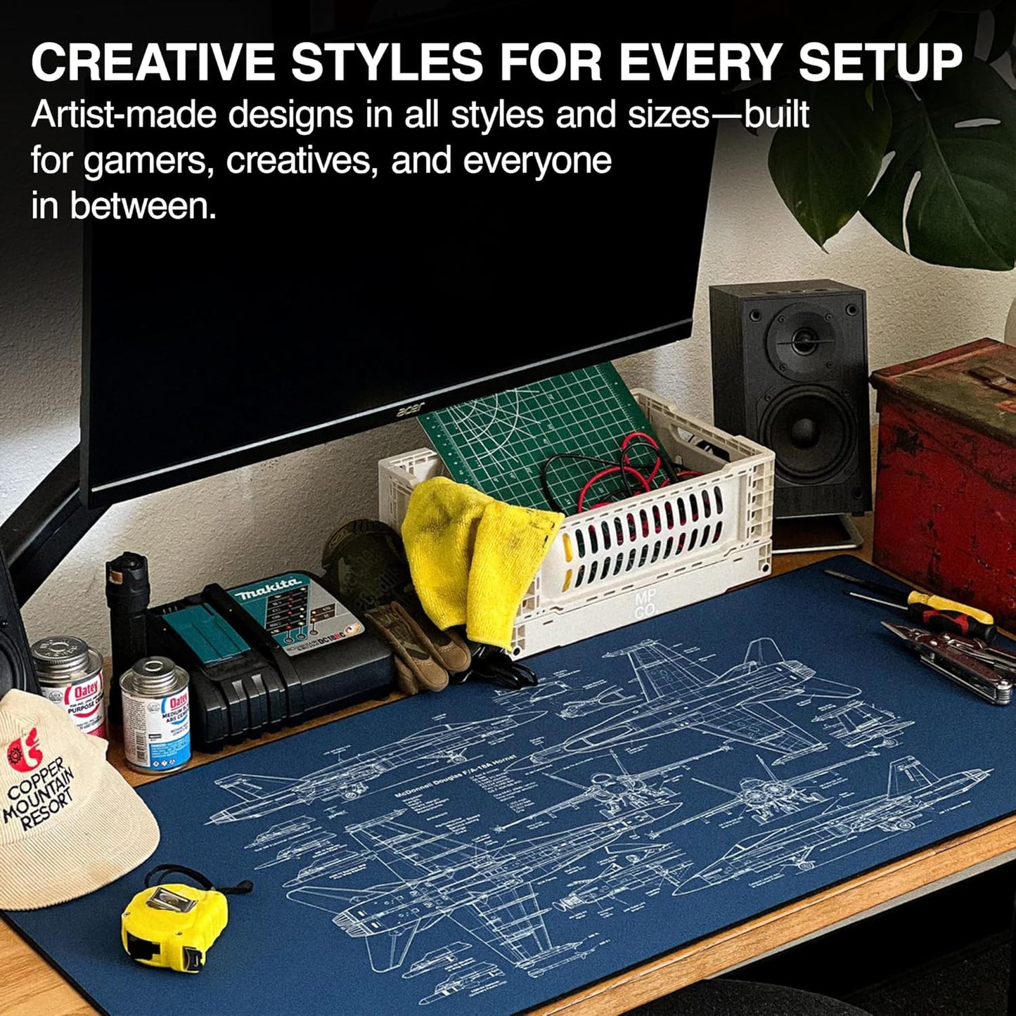 MPCO. Blueprints Large Gaming Desk Pad - 36" x 17" Aeroglyde Fabric 18A Hornets – Blue Desk Mats - Non-Slip, Washable, Smooth Glide for Precision Gaming & Work