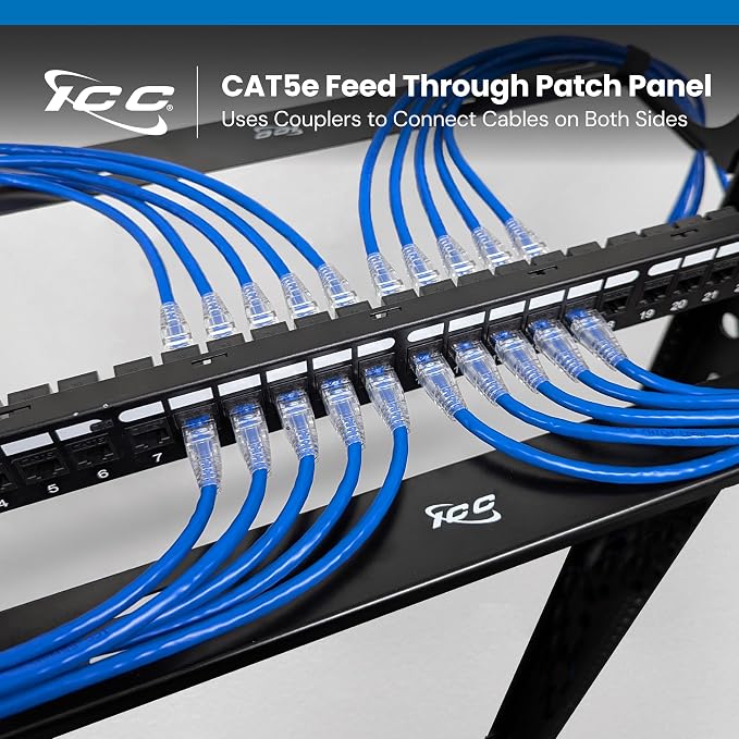 ICC CAT5e Feed-Through Patch Panel, 24 Port, 1U Rackmount, RJ45 Ethernet Patch - Image 2