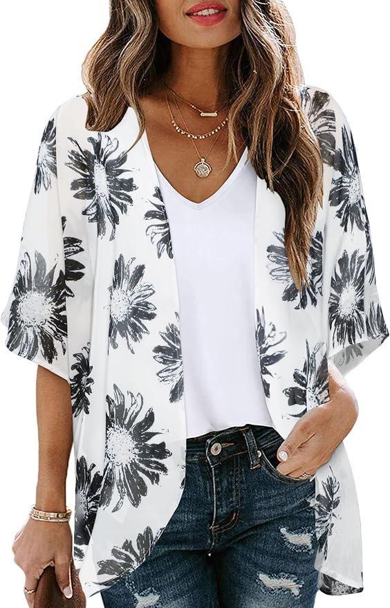 Women's Floral Print Puff Sleeve Kimono Cardigan Loose Cover Up Casual Blouse by CHICGAL