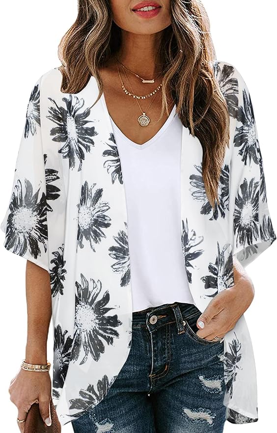 Women's Floral Print Puff Sleeve Kimono Cardigan Loose Cover Up Casual Blouse by CHICGAL