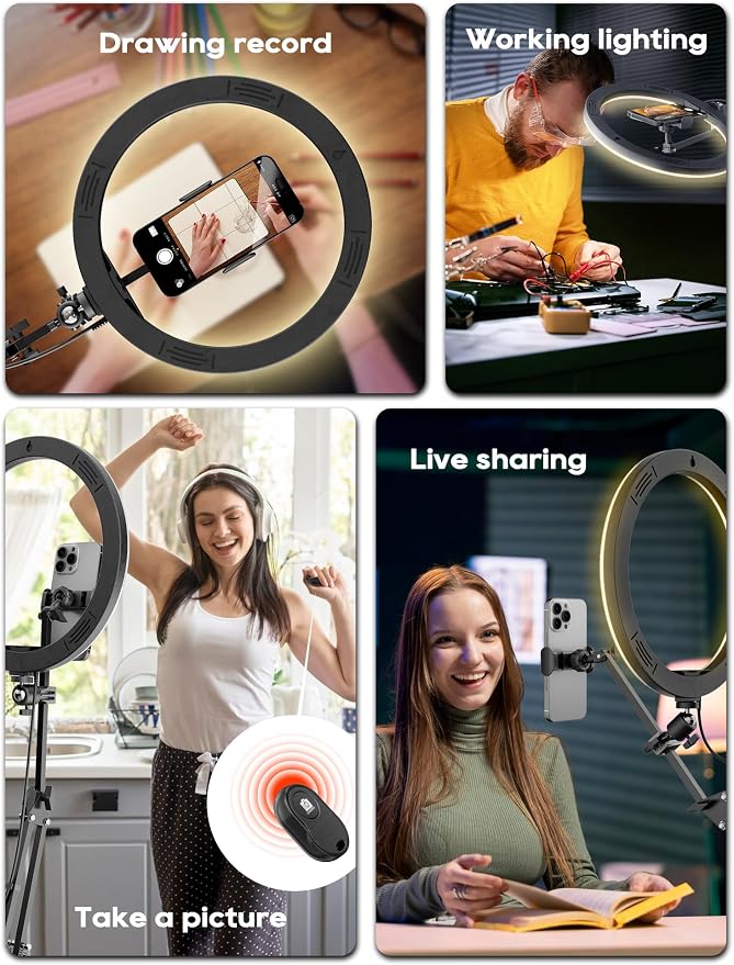 Upgrade Ring Light Overhead Phone Mount, 12”Circle LED Desk Ring Light - Image 8
