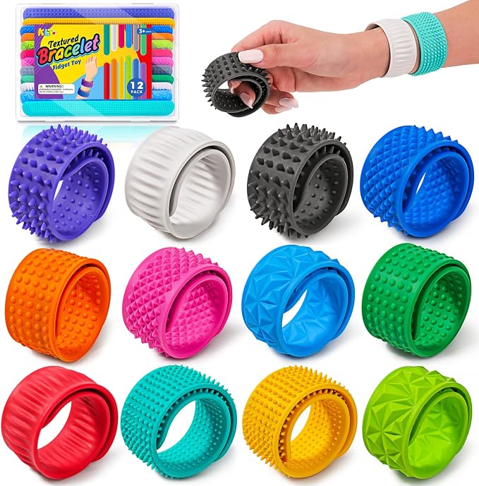 Fidget Toys for Kids Adults: Textured Silicone Slap Bracelets 12 Pack, Sensory by KLT