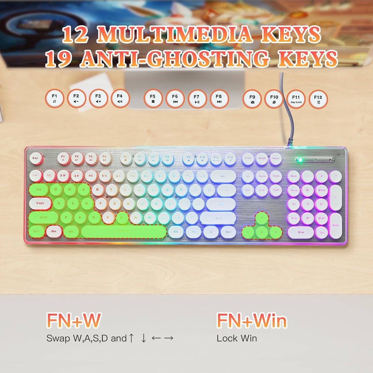 Typewriter Style Keyboard with Metal Panel, Rainbow LED Backlit, Round Keys, Anti-ghosting, Spill Resistant, Light Up USB Wired Retro 104 Keys for Office/Gaming, White/Silver