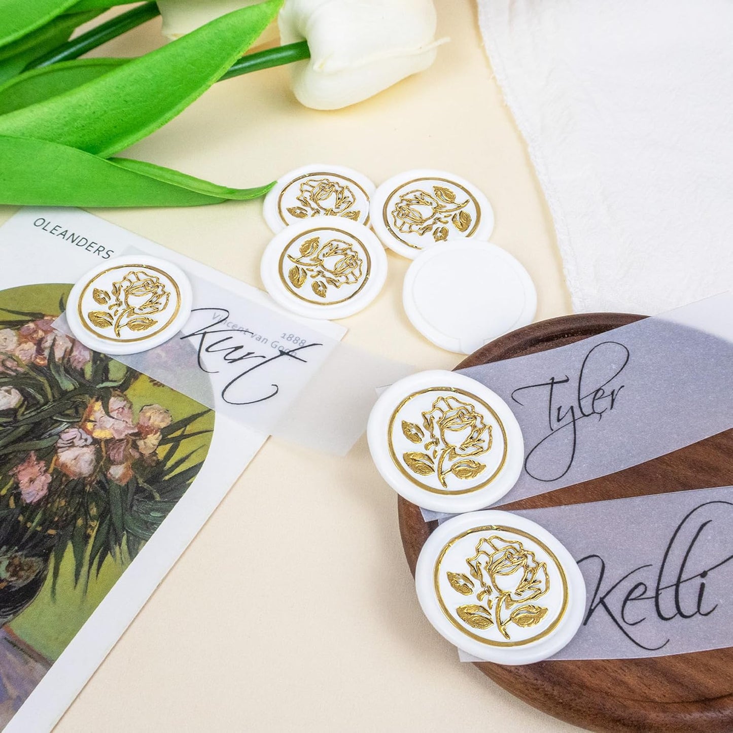 100Pcs Gold & White Wax Seal Stickers - Handmade Envelope Seals, Self Adhesive Wax Stickers for Wedding Party Invitations, Envelope, Gift Wrap, Christmas (Gold Rose Style, White)