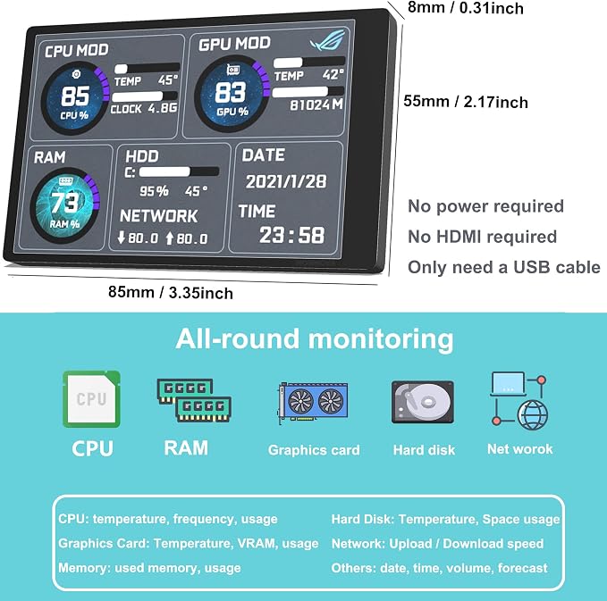 WOWNOVA PC Temperature Display, Computer Temp Monitor, ARGB Case, IPS USB Mini - Image 3