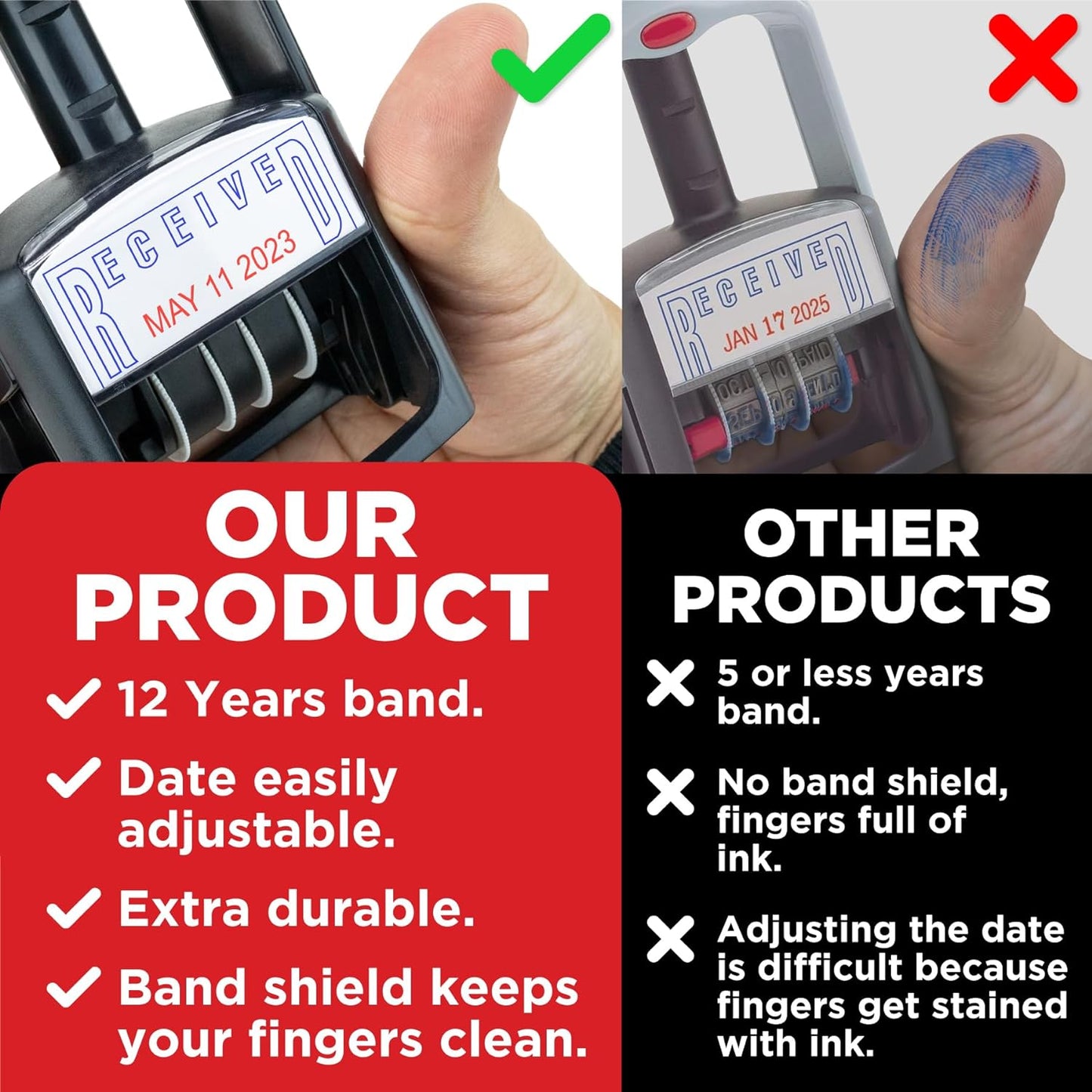 Self-Inking Rubber Date Office Stamp with Deposited Phrase - Red Ink - 12-Year Band