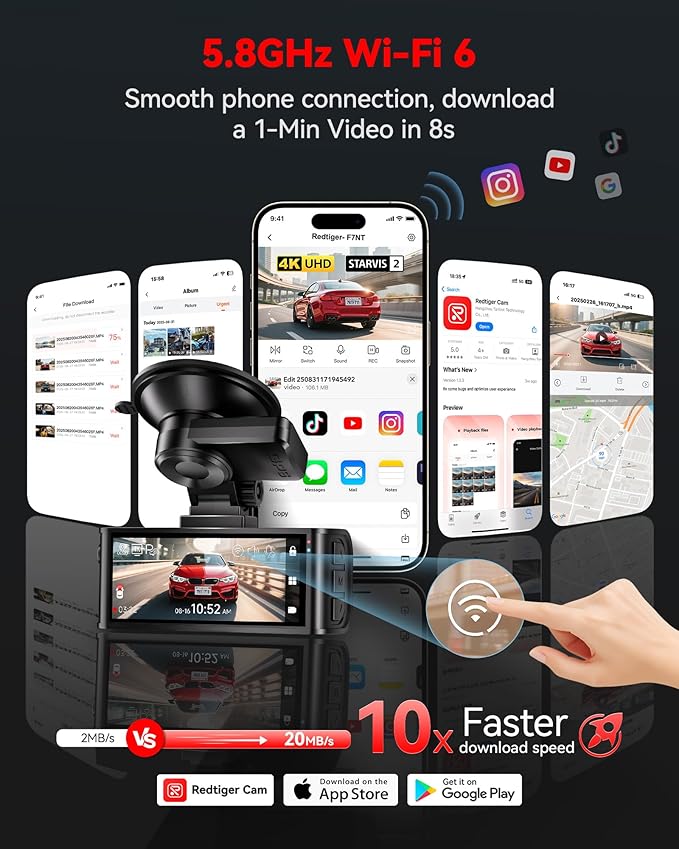 REDTIGER 4K STARVIS 2 Dash Cam Front and Rear, 5GHz WiFi 20MB/s Download - Image 5