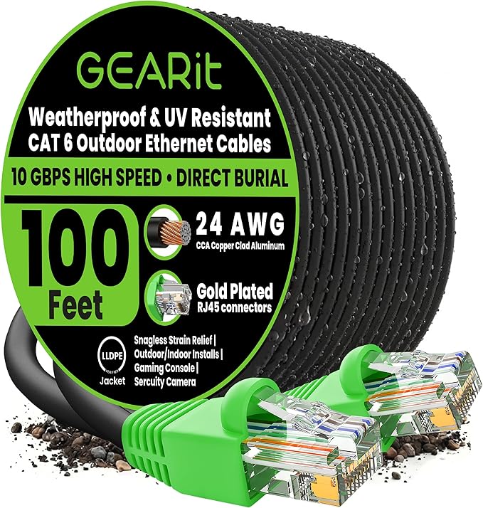 GEARit Cat6 Ethernet Cable 100ft, Direct Burial Outdoor Cat 6 Cable 24AWG High by GEARit