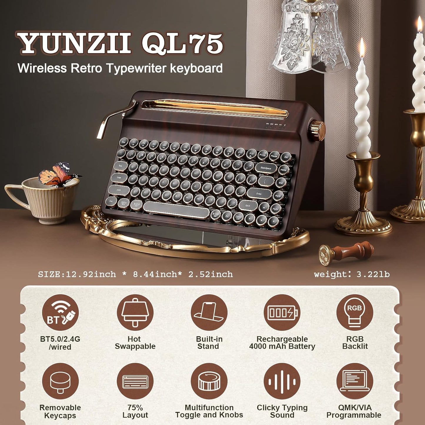 YUNZII QL75 Wireless Typewriter Hot Swap Retro Mechanical Keyboard,Punk Round Keycaps,RGB Backlit QMK/VIA Programmable, Multi-Device Keyboard with 2.4GHz/Type-C/BT5.0 (Wood, Onyx Switch)