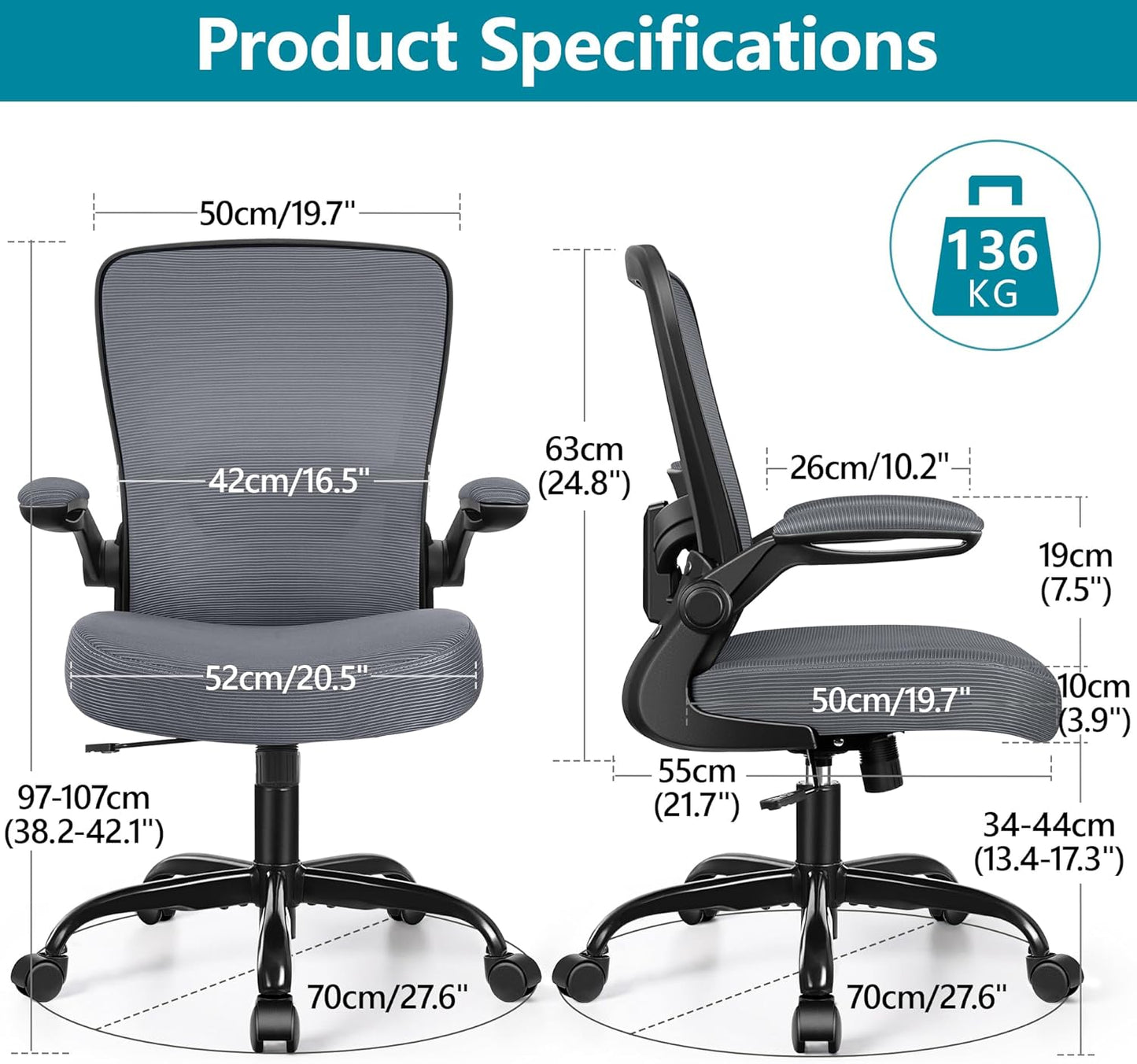 FelixKing Office Chair, Ergonomic Desk Chair Breathable Mesh Chairs with Adjustable High Back Lumbar Support Flip-up Armrests, Executive Swivel Comfy Task Computer Chairs for Home Office Dark Gray