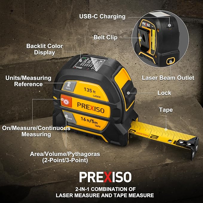 PREXISO 2-in-1 Laser Tape Measure, 135Ft Rechargeable Measurement Tool & 16Ft - Image 5