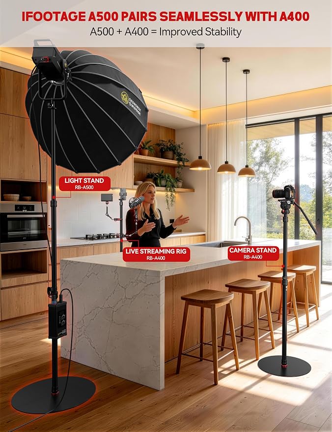 iFootage A500 Heavy Duty Round Base Light Stand, Space-Saving Tripod Alternative - Image 2