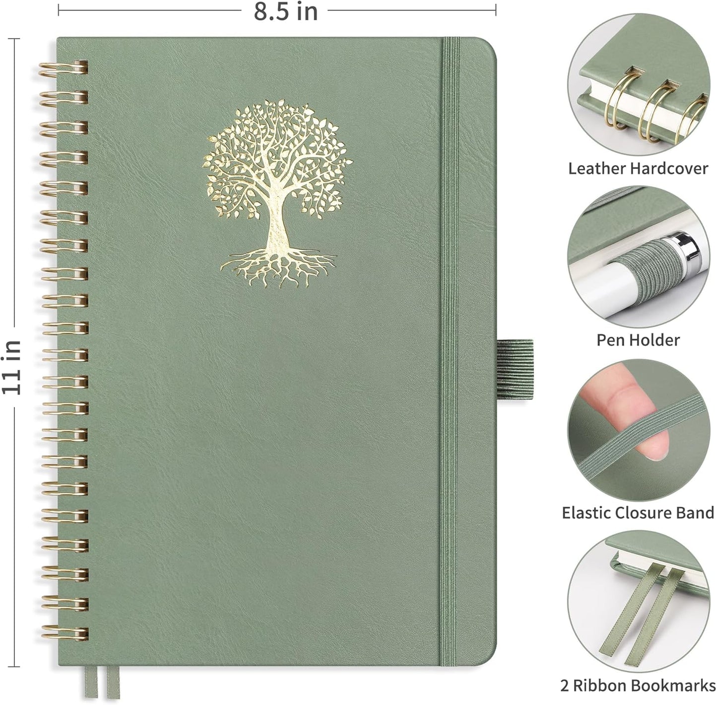 RETTACY Graph Grid Paper Notebook, 110 Pages, A4 Large Size (8.5'' × 11''), 5 Squares per Inch, Leather Hardcover, 100 GSM Thick Paper, for School, Students, Math, Engineering (Light Green)