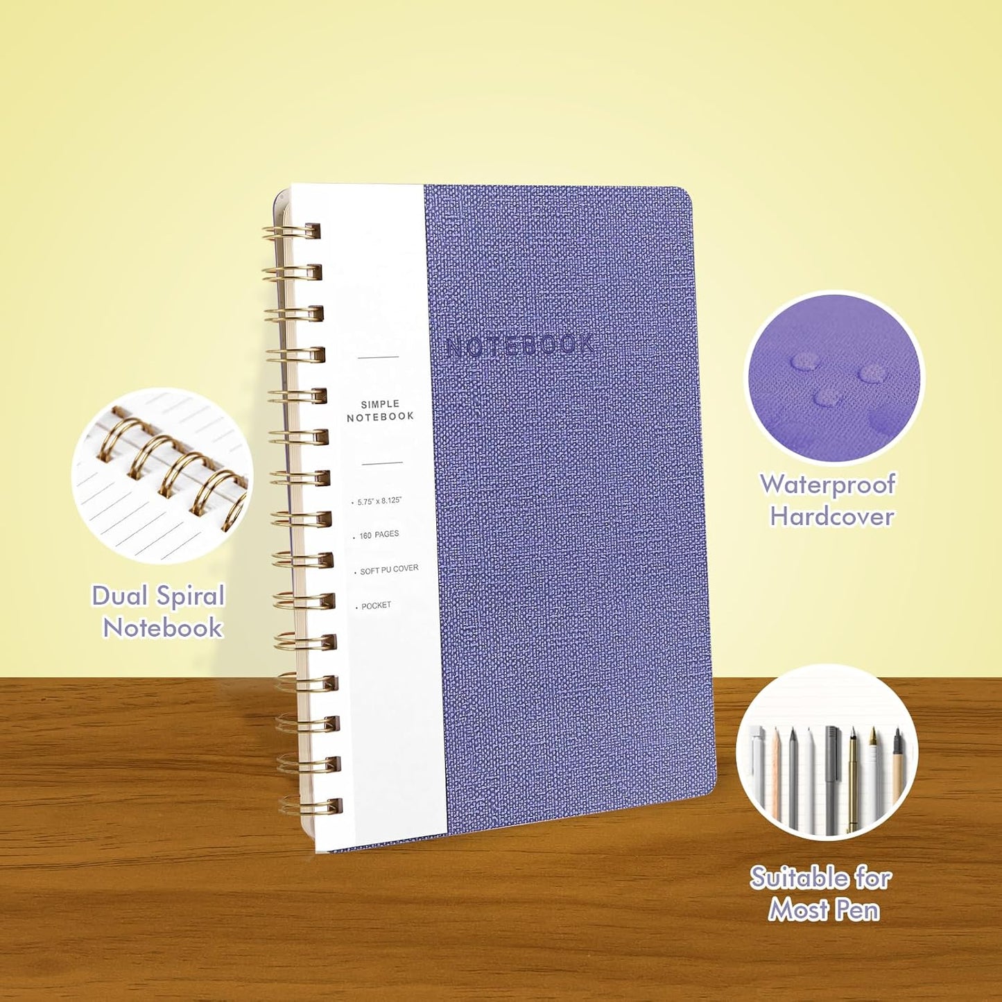 Lined Spiral Notebook College Ruled A5 Journal Book for Note Taking, 160 Pages Writing Journal for Office and Home School Supplies 5.75 x 8.125 inch (Brown Khaki Violet)