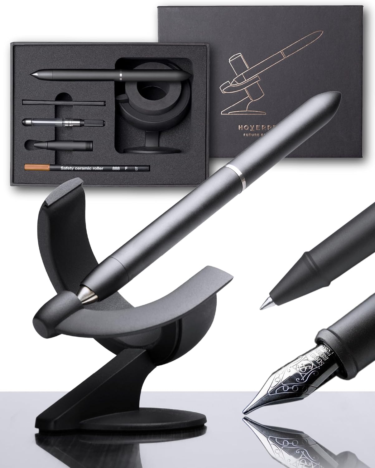 novium Hoverpen Future Edition - Luxury Fountain Pen & Rollerball Pen All-In Gift Box, Fine Nib, Futuristic Aesthetic, Aerospace Metal Made, Free Spinning Executive Pen, Gifts for Boss (Deep Black)