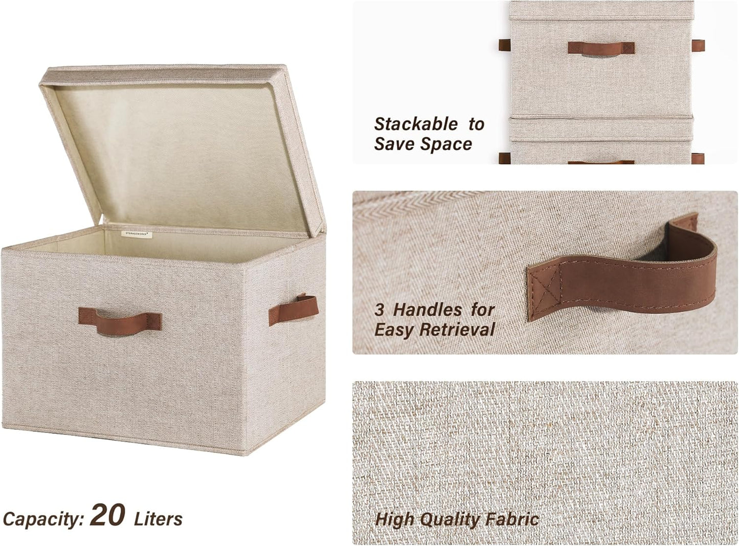 StorageWorks Fabric Storage Bins with Lid, Decorative Storage Boxes for Shelves, Stackable Closet Organizer Basket with Handles, Large, Brown and Beige, 2-Pack